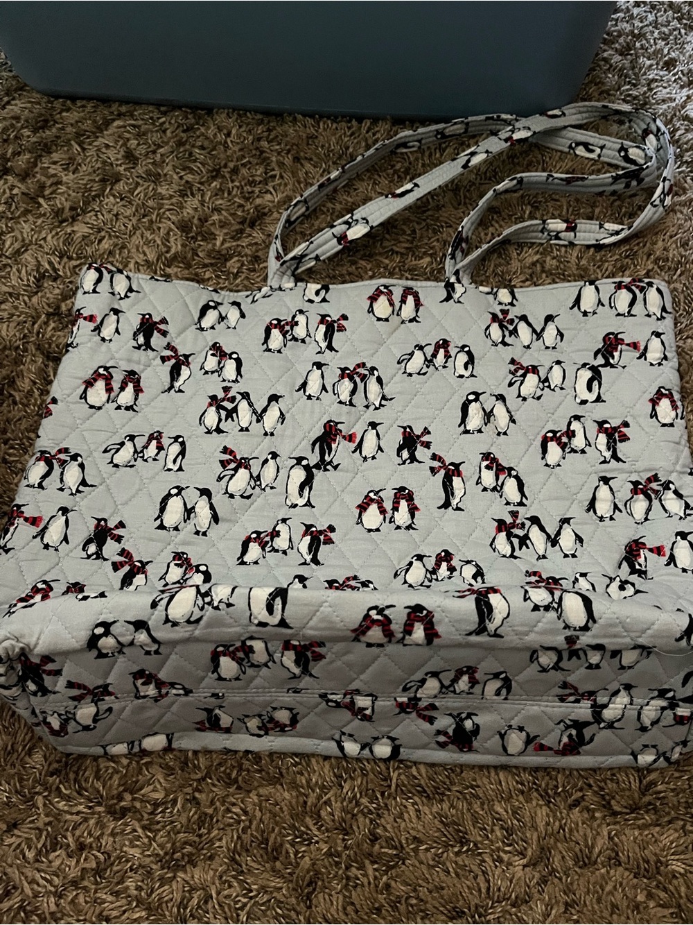 Vera Bradley Quilted Penguin Tote in Light Gray with Red Accents